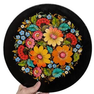 Vintage Khokhloma RUSSIAN FOLK ART WOODEN PLATE 13" Charger Hand-Painted Floral